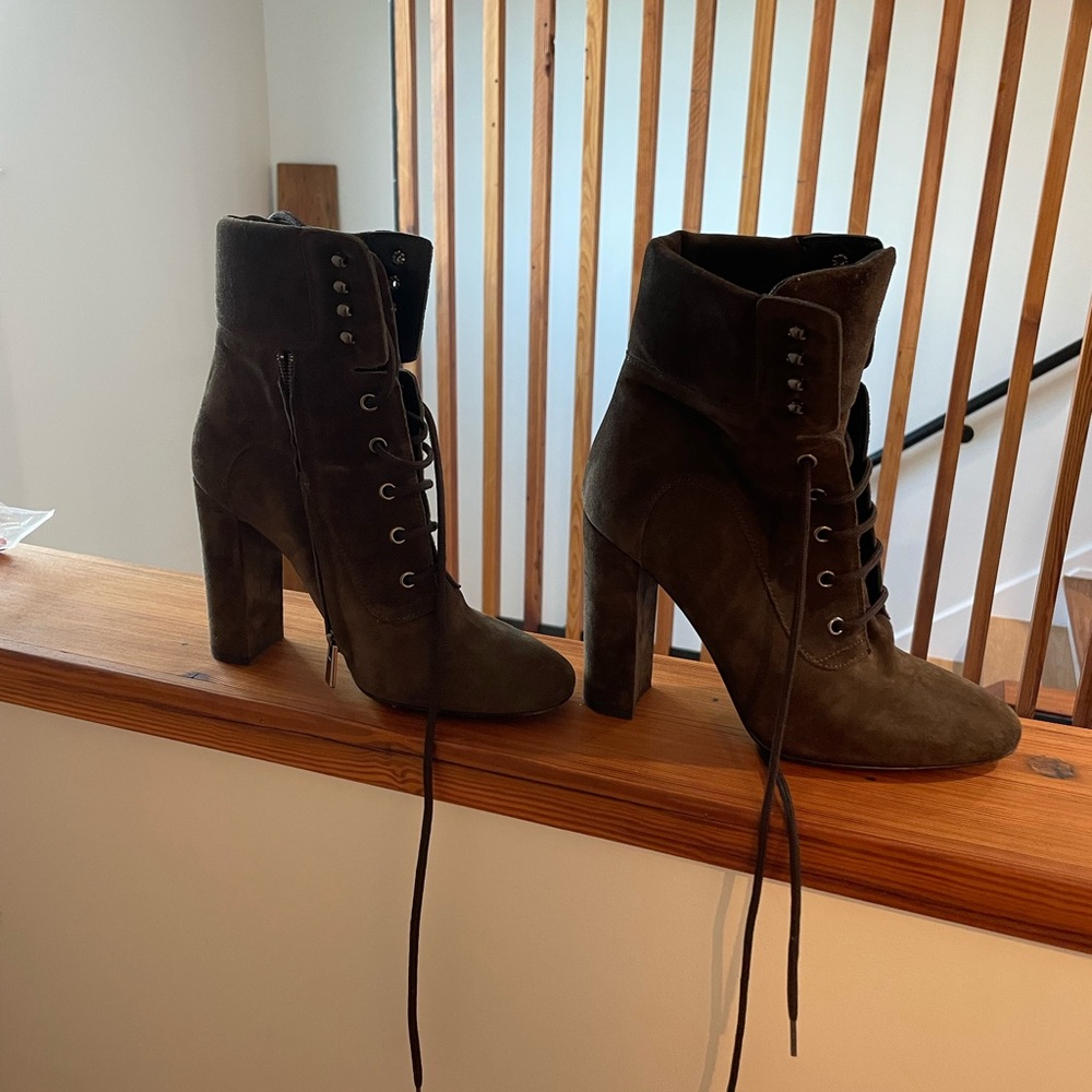 Barneys New York Dark Brown Patty Lace-Up Boots, size 39, 8.5, 4” heel